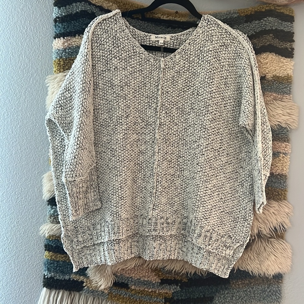 MIRACLE Cotton Blend Chunky Knit Transitional Sweater Variegated White/Black S/M